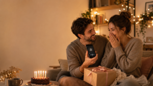 Coppia che ascolta una canzone personalizzata come regalo di compleanno romantico