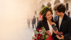Coppia che festeggia una laurea con corona d’alloro e regalo personalizzato
